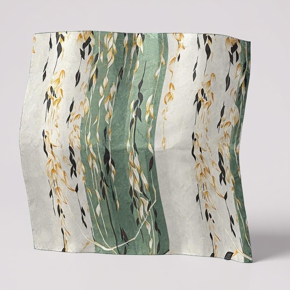 Vintage Floral Scarf Womens Accessory Green Gold Black Lightweight‎